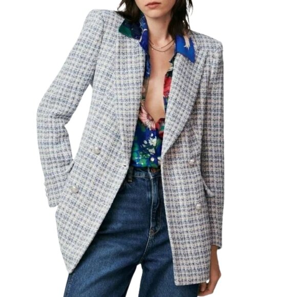 ZARA TWEED TEXTURED PLAID BLAZER DOUBLE BREASTED WHITE BLUE SIZE LARGE - Picture 4 of 5
